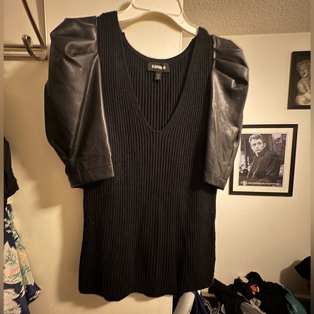 Express black top with leather puff sleeves